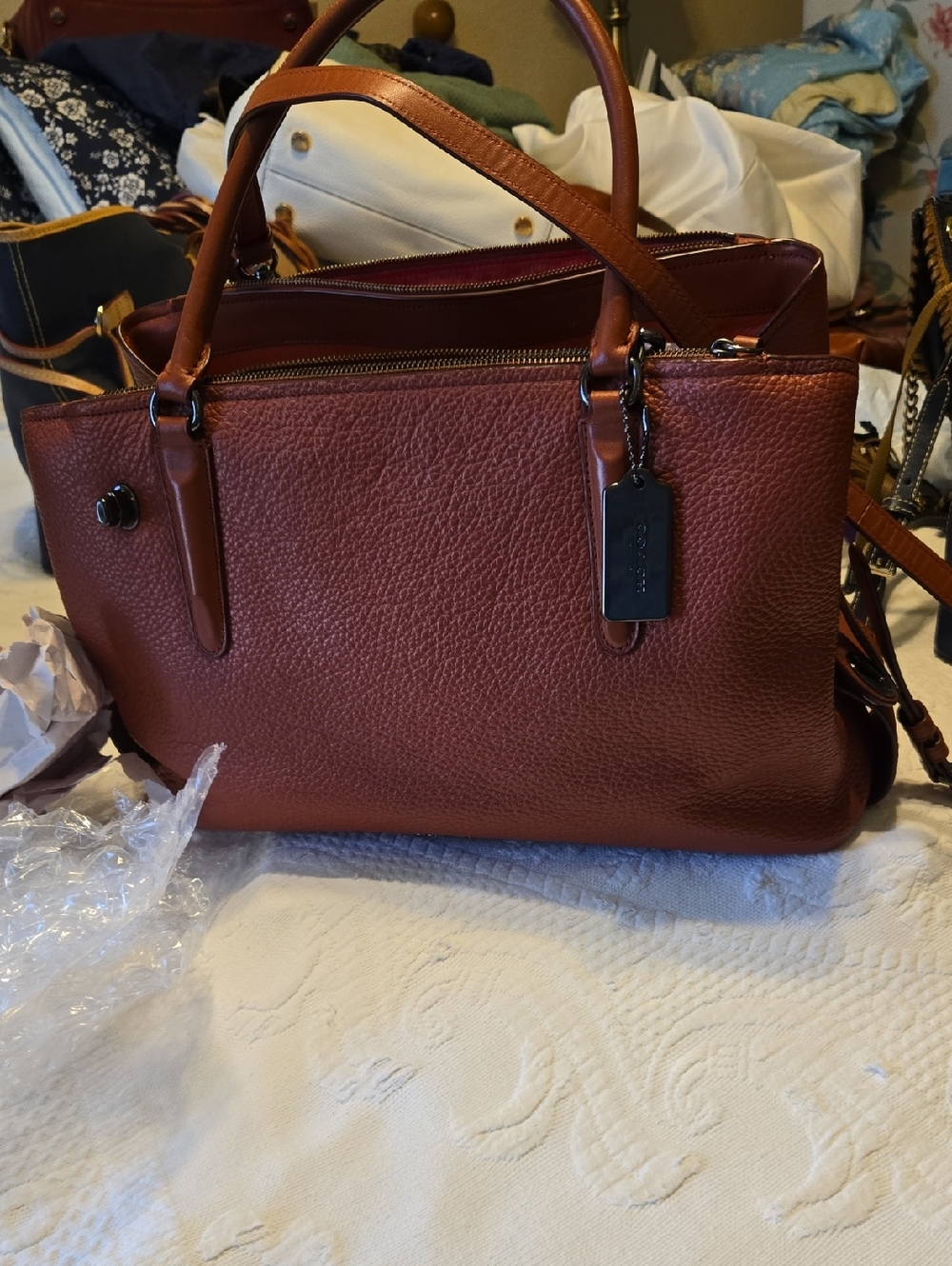 Coach Pebbled Leather Satchel in Cognac Orange - Picture 16 of 16